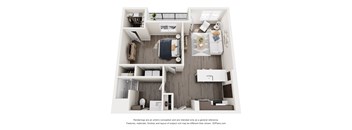 A 3D floor plan of a small apartment with a kitchen, living room, and bedroom.