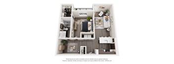 A floor plan of a small apartment with a kitchen, living room, and bedroom.