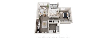 A 3D floor plan of a small apartment with a kitchen, living room, and bedroom.