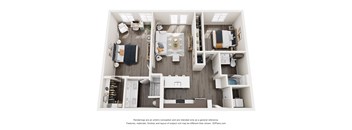A 3D floor plan of a small apartment with a kitchen, living room, and bedrooms.