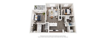 A 3D floor plan of a small apartment with a kitchen, living room, and two bedrooms.
