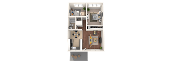 A top-down view of a small apartment with a kitchen, living room, and bathroom.