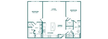 A floor plan of a home with two bedrooms, a living room, a dining room, a kitchen, a bathroom, a walk-in closet, and an entry.