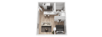 A top-down view of a small, neatly organized apartment with a kitchen, living room, and bedroom.