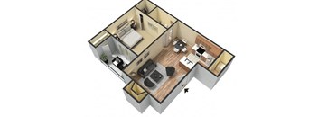 3d floor plan of a home with a bedroom and living room