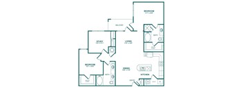 A floor plan of a house with a study, two bedrooms, a living room, a dining area, a kitchen, and a balcony.