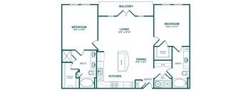 A floor plan of a home with two bedrooms, a living area, a dining area, a kitchen, two bathrooms, and an entry.