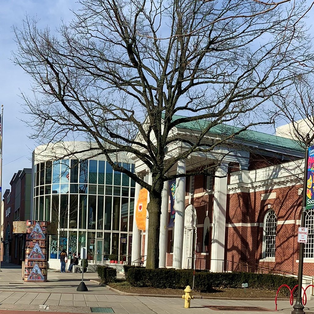 a large building with a tree in front of it