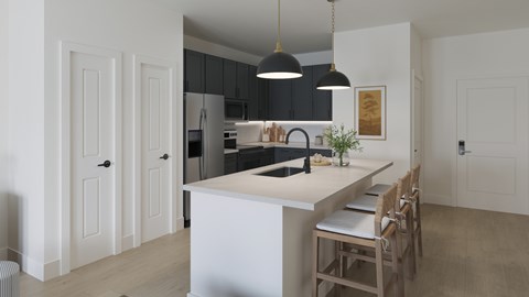 A kitchen with a white island and wooden chairs.