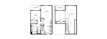 A floor plan of a two-story home with a living room, bedroom, bathroom, and kitchen.