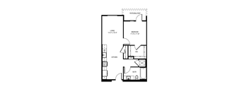 A floor plan of a small apartment with a living room, bedroom, kitchen, and bathroom.