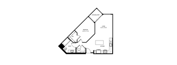A floor plan of a house with a living room, bedroom, bathroom, kitchen, and a patio/balcony.