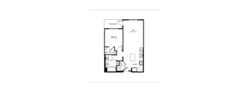 A floor plan of a small apartment with a living room, bedroom, bathroom, kitchen, and a pantry.