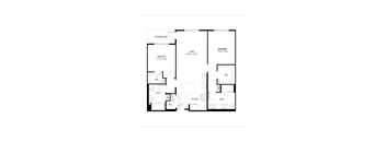A floor plan of a home with two bedrooms, a living room, a kitchen, a bathroom, and a patio/balcony.