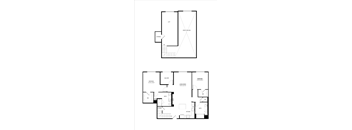 A floor plan of a house with a living room, dining room, kitchen, and two bathrooms.