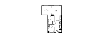 A floor plan of a small apartment with a living room, kitchen, and bathroom.