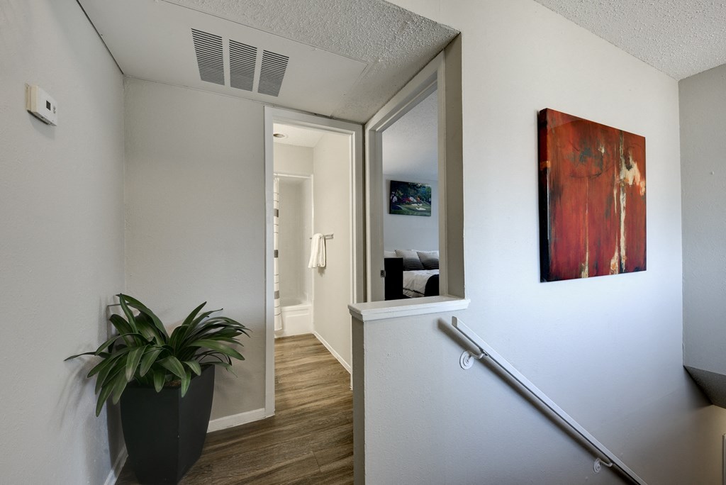 a hallway with a potted plant and a door to a room with a staircase