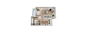 A top-down view of a small, neatly organized apartment with a bedroom, living room, and kitchen.
