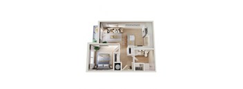 A top-down view of a small apartment with a bedroom, living room, and kitchen.