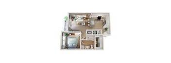 A top-down view of a small apartment with a bedroom, living room, and kitchen.