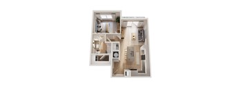 A top-down view of a modern apartment layout with a kitchen, living room, and bedrooms.