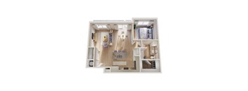 A top-down view of a modern apartment layout with a kitchen, living room, and bedrooms.