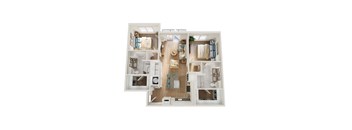 A top-down view of a small apartment with a kitchen, living room, and bathroom.