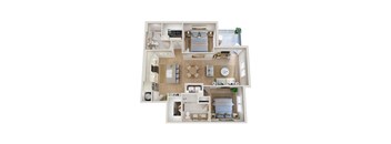 A detailed 3D floor plan of a house layout.