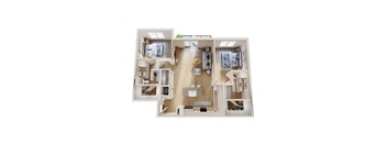 A top-down view of a small apartment with a kitchen, living room, and two bedrooms.