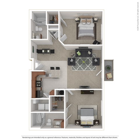 One thousand and forty three square foot two bedroom two bath apartment home