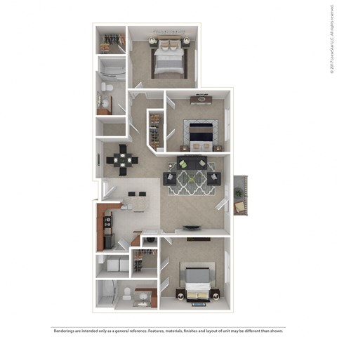 One thousand two hundred and seventy five square foot three bedroom two bath apartment home