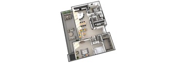 A 3D floor plan of a house with a kitchen, living room, and bathrooms.