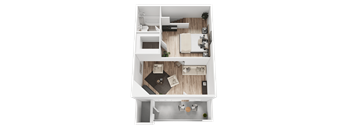 A top-down view of a small, neatly organized apartment with a kitchen, living room, and bathroom.