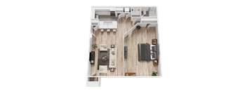 A top-down view of a small apartment with a kitchen, living room, and bathroom.