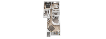 A top-down view of a house layout with a kitchen, living room, and two bedrooms.