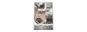 A top-down view of a small, neatly organized apartment with a kitchen, living room, and bedroom.