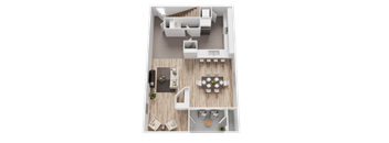 A top-down view of a house layout with a kitchen, dining area, and living room.