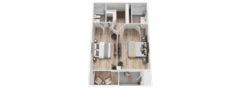 A top-down view of a small apartment with a kitchen, living room, and bathroom.