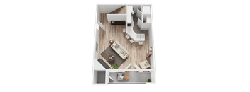 A top-down view of a small apartment with a kitchen, living room, and bathroom.