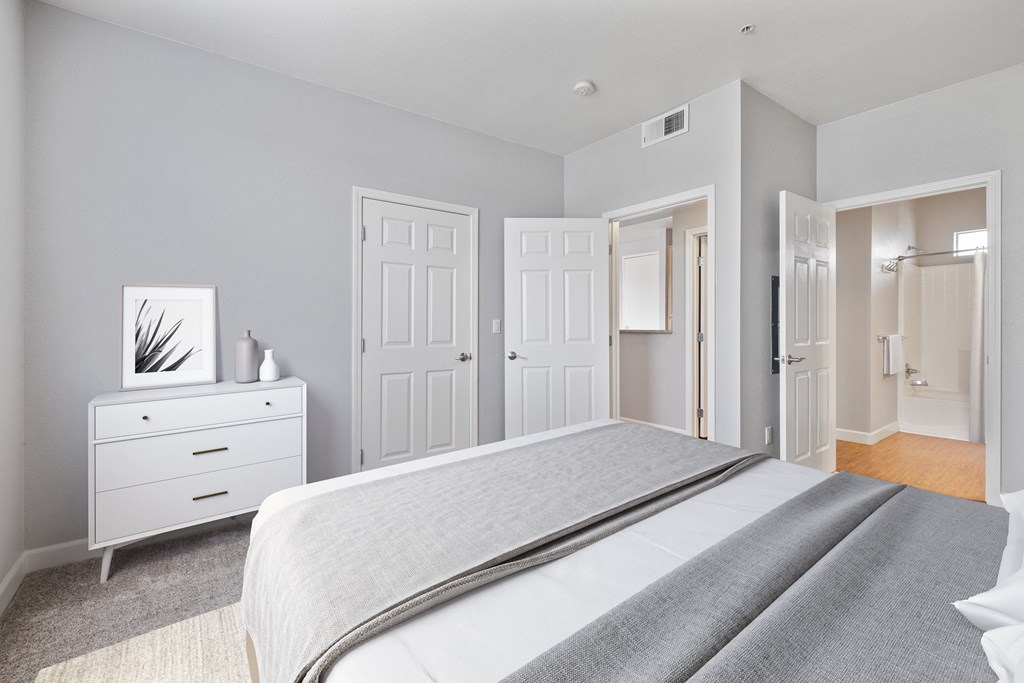 1 Bedroom Apartments in Petaluma, CA - Theatre Square - Furnished Bedroom with Plush Carpet Flooring, a Closet, and an In-Suite Bathroom