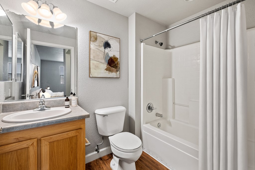 Pet-Friendly Apartments In Petaluma, CA - Bathroom With Wood-Plank Flooring, Toilet, Vanity Mirror, Light Wood-Style Cabinetry, And Shower And Tub Combo.