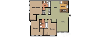 A floor plan of a house with a master bedroom, two bedrooms, a dining area, a kitchen, and a living room.