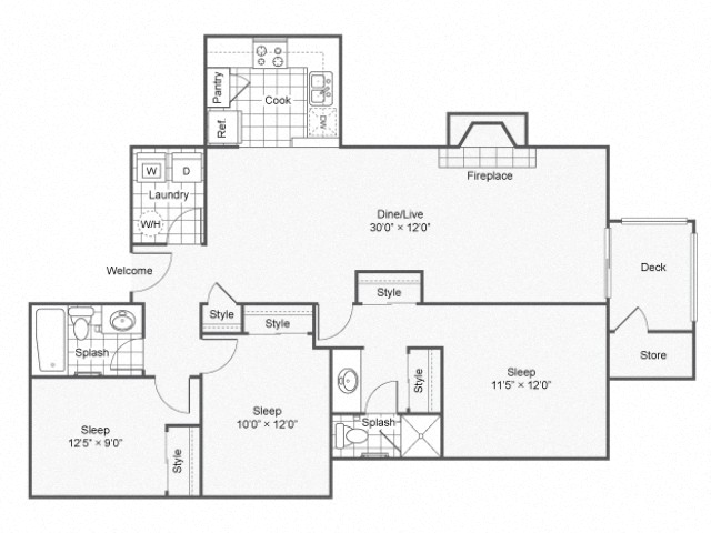 3 bed 2 bath 1119 square feet floor plan