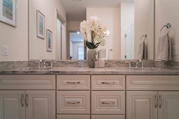 A dual-sink vanity with a granite countertop and floral decor.
