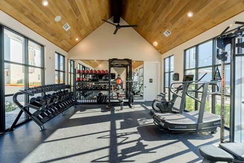 A gym with a variety of equipment including a treadmill, weights, and a bench press.