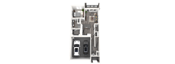 A 3D floor plan of a house with two bedrooms, a living room, a kitchen, a garage, and a utility space.