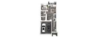 A 3D floor plan of a house with two bedrooms, a living room, a kitchen, and a garage.