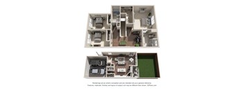 A 3D floor plan of a house with a garage and a backyard.