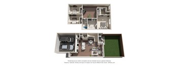 A 3D floor plan of a house with two bedrooms, a living room, a kitchen, a dining room, a garage, and a backyard.