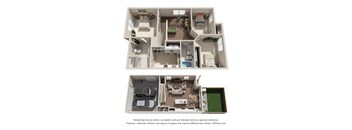 A 3D floor plan of a house with two bedrooms, a living room, a kitchen, and a bathroom.